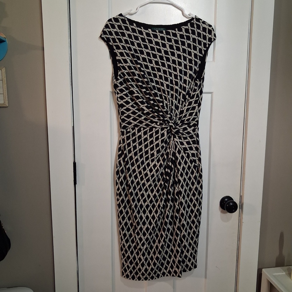 Lauren Ralph Lauren Dress Womens 12 Black White Geometric Knot Front Sheath